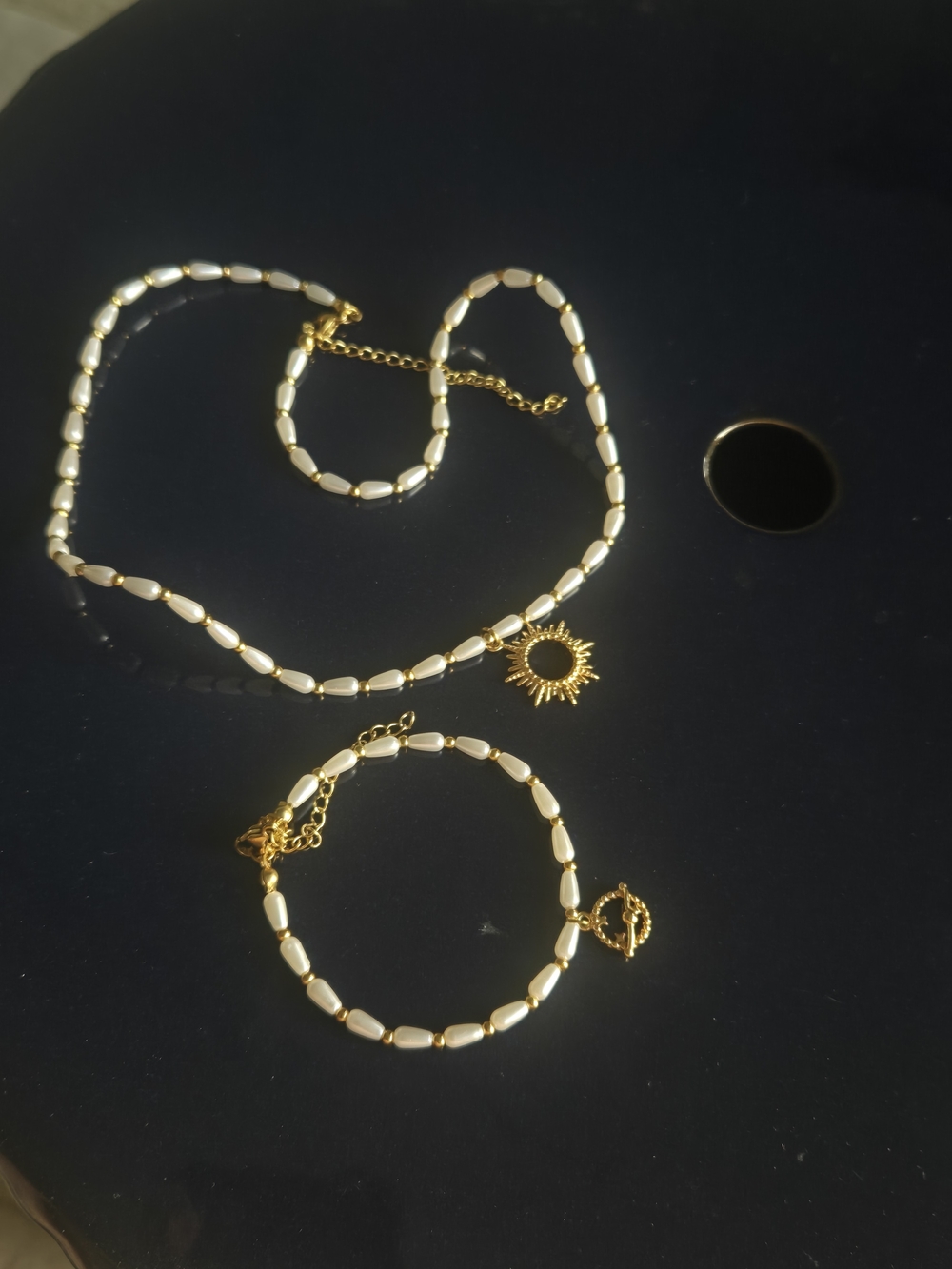 Gold Sun Charm Pearl Bead Necklace and Bracelet Set